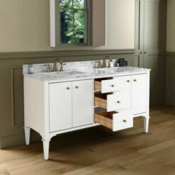 WOODBRIDGE Roma 61"x22"x38" Solid Wood Bath Vanity In White With Gold Hardware And Carrara Marble Top With Pre-Drilled Hole For Single Hole Faucet, Roma-6021-White+CAVT6122D-8 -Woodbridgebath Shop 20220830101913W5OMVZV1 thumb 600x600