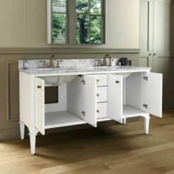 WOODBRIDGE Roma 61"x22"x38" Solid Wood Bath Vanity In White With Gold Hardware And Carrara Marble Top With Pre-Drilled Hole For Single Hole Faucet, Roma-6021-White+CAVT6122D-8 -Woodbridgebath Shop 20220830101915W5OMVZV1 thumb 600x600