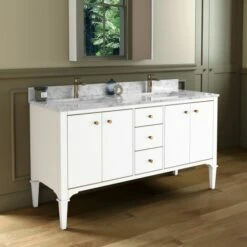 WOODBRIDGE Roma 61"x22"x38" Solid Wood Bath Vanity In White With Gold Hardware And Carrara Marble Top With Pre-Drilled Hole For Single Hole Faucet, Roma-6021-White+CAVT6122D-1 -Woodbridgebath Shop 20220830145050W5OMVZV1 thumb 600x600