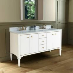 WOODBRIDGE Roma 61"x22"x38" Solid Wood Bath Vanity In White With Gold Hardware And Carrara Engineered Stone Composite Vanity Top With 3 Pre-Drilled Holes, Roma-6021-White+CALAVT6122D-8 -Woodbridgebath Shop 20220830145305W5OMVZV1 thumb 600x600