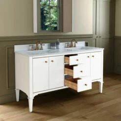 WOODBRIDGE Roma 61"x22"x38" Solid Wood Bath Vanity In White With Gold Hardware And Carrara Engineered Stone Composite Vanity Top With 3 Pre-Drilled Holes, Roma-6021-White+CALAVT6122D-8 -Woodbridgebath Shop 20220830145307W5OMVZV1 thumb 600x600