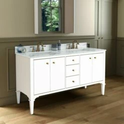 WOODBRIDGE Roma 61"x22"x38" Solid Wood Bath Vanity In White With Gold Hardware And Fish Belly Engineered Stone Composite Vanity Top With 3 Pre-Drilled Holes, Roma-6021-White+FBVT6122D-8 -Woodbridgebath Shop 20220830145405W5OMVZV1 thumb 600x600