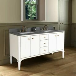 WOODBRIDGE Roma 61"x22"x38" Solid Wood Bath Vanity In White With Gold Hardware And Dark Gray Engineered Stone Composite Vanity Top With 3 Pre-Drilled Holes, Roma-6021-White+DGVT6122D-8 -Woodbridgebath Shop 20220830145515W5OMVZV1 thumb 600x600