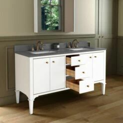 WOODBRIDGE Roma 61"x22"x38" Solid Wood Bath Vanity In White With Gold Hardware And Dark Gray Engineered Stone Composite Vanity Top With 3 Pre-Drilled Holes, Roma-6021-White+DGVT6122D-8 -Woodbridgebath Shop 20220830145517W5OMVZV1 thumb 600x600