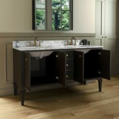 WOODBRIDGE Roma 61"x22"x38" Solid Wood Bath Vanity In Espresso With Gold Hardware And Carrara Marble Top With Pre-Drilled Hole For Single Hole Faucet, Roma-6021-Espresso+CAVT6122D-8 -Woodbridgebath Shop 20220830145842W5OMVZV1 thumb 600x600