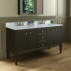 WOODBRIDGE Roma 61"x22"x38" Solid Wood Bath Vanity In Espresso With Gold Hardware And Carrara Engineered Stone Composite Vanity Top With 3 Pre-Drilled Holes, Roma-6021-Espresso+CALAVT6122D-8 -Woodbridgebath Shop 20220830150005W5OMVZV1 thumb 600x600