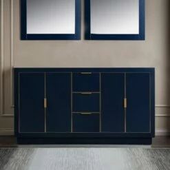 WOODBRIDGE Venice 60"x21"x33" Solid Wood Bath Vanities Cabinet Only With Center Drawers In Navy Blue And Gold Hardware, Venice-6021D-Navy Blue-G