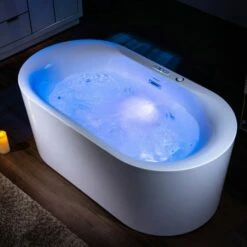 WOODBRIDGE 59" X 31-1/2" Whirlpool Water Jetted And Air Bubble Freestanding Heated Soaking Combination Bathtub With LED Control Panel , BJ100