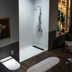 WOODBRIDGE Solid Surface 3-Panel Shower Wall Kit, 32-in L X 60-in W X 75-in H, Staggered Brick Pattern, High Gloss White Finish -Woodbridgebath Shop 20221026154119W5OMVZV1 thumb 600x600