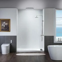 WOODBRIDGE Solid Surface 3-Panel Shower Wall Kit, 32-in L X 60-in W X 75-in H, Staggered Brick Pattern, High Gloss White Finish -Woodbridgebath Shop 20221026154507W5OMVZV1 thumb 600x600