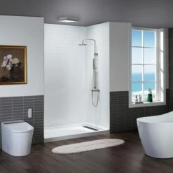 WOODBRIDGE Solid Surface 3-Panel Shower Wall Kit, 36-in L X 60-in W X 75-in H, Staggered Brick Pattern, High Gloss White Finish -Woodbridgebath Shop 20221026154811W5OMVZV1 thumb 600x600