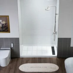 WOODBRIDGE Solid Surface 3-Panel Shower Wall Kit, 36-in L X 60-in W X 75-in H, Staggered Brick Pattern, High Gloss White Finish -Woodbridgebath Shop 20221026154824W5OMVZV1 thumb 600x600