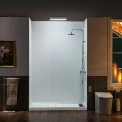 WOODBRIDGE Solid Surface 3-Panel Shower Wall Kit, 32-in L X 60-in W X 75-in H, Stacked Block In A Staggered Vertical Pattern. Matte Finish, White -Woodbridgebath Shop 20221026155328W5OMVZV1 thumb 600x600