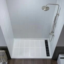 WOODBRIDGE Solid Surface 3-Panel Shower Wall Kit, 32-in L X 60-in W X 75-in H, Stacked Block In A Staggered Vertical Pattern. Matte Finish, White -Woodbridgebath Shop 20221026155354W5OMVZV1 thumb 600x600