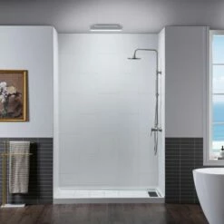 WOODBRIDGE Solid Surface 3-Panel Shower Wall Kit, 36-in L X 60-in W X 75-in H, Stacked Block In A Staggered Vertical Pattern. Matte White Finish -Woodbridgebath Shop 20221026155530W5OMVZV1 thumb 600x600