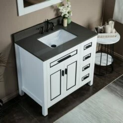 WOODBRIDGE Milan 37" Floor Mounted Single Basin Vanity Set With Solid Wood Cabinet In White And Engineered Stone Composite Vanity Top In Dark Gray With Pre-installed Undermount Rectangle Bathroom Sink In White And Pre-Drilled 3-Hole For 8-inch Widespread -Woodbridgebath Shop 20221215141530W5OMVZV1 thumb 600x600