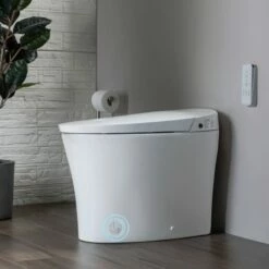 WOODBRIDGE B0970S Smart Bidet Tankless Toilet Elongated One Piece Chair Height, Auto Flush, Foot Sensor Operation, Heated Seat With Integrated Multi Function Remote Control In White