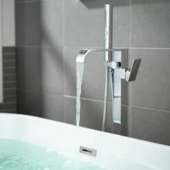 WOODBRIDGE F0036CH Contemporary Single Handle Floor Mount Freestanding Tub Filler Faucet With Hand Shower In Polished Chrome Finish. -Woodbridgebath Shop 20230310113309W5OMVZV1 thumb 600x600