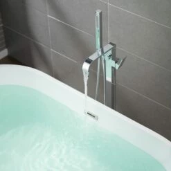 WOODBRIDGE F0036CH Contemporary Single Handle Floor Mount Freestanding Tub Filler Faucet With Hand Shower In Polished Chrome Finish. -Woodbridgebath Shop 20230310113335W5OMVZV1 thumb 600x600