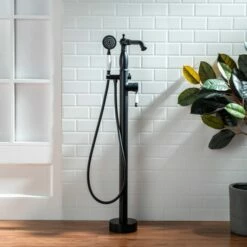 WOODBRIDGE F0048MB Fusion Single Handle Floor Mount Freestanding Tub Filler Faucet With Telephone Hand Shower In Matte Black Finish