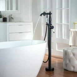 WOODBRIDGE F0048MB Fusion Single Handle Floor Mount Freestanding Tub Filler Faucet With Telephone Hand Shower In Matte Black Finish -Woodbridgebath Shop 20230314145531W5OMVZV1 thumb 600x600