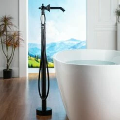 WOODBRIDGE F0048MB Fusion Single Handle Floor Mount Freestanding Tub Filler Faucet With Telephone Hand Shower In Matte Black Finish -Woodbridgebath Shop 20230314145549W5OMVZV1 thumb 600x600