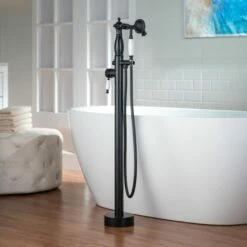 WOODBRIDGE F0048MB Fusion Single Handle Floor Mount Freestanding Tub Filler Faucet With Telephone Hand Shower In Matte Black Finish -Woodbridgebath Shop 20230314145602W5OMVZV1 thumb 600x600
