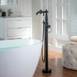 WOODBRIDGE F0048MB Fusion Single Handle Floor Mount Freestanding Tub Filler Faucet With Telephone Hand Shower In Matte Black Finish -Woodbridgebath Shop 20230314145615W5OMVZV1 thumb 600x600