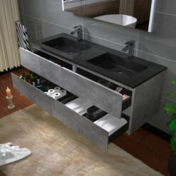 WOODBRIDGE 60 In. W X 18-7/8 In. D Contemporary Wall Hung Floating Vanity In Gray With Quartz Sand Composite Vanity Top In Black With Matching Finish Sink. -Woodbridgebath Shop 20230517105621W5OMVZV1 thumb 600x600