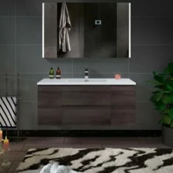 WOODBRIDGE 48 In. W X 18-7/8 In. D Contemporary Wall Hung Floating Vanity In Grey Oak With Resin Composite Vanity Top In White With Matching Finish Sink.