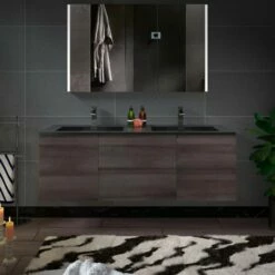 WOODBRIDGE 60 In. W X 18-7/8 In. D Contemporary Wall Hung Floating Vanity In Grey Oak With Quartz Sand Composite Vanity Top In Black With Matching Finish Sink.