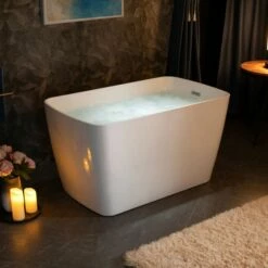 WOODBRIDGE 48" Acrylic Freestanding Square Contemporary Soaking Tub With Pre-molded Seat And Chrome Pop-Up Drain And Overflow Option, White, B0070 -Woodbridgebath Shop 20230706091138W5OMVZV1 thumb 600x600