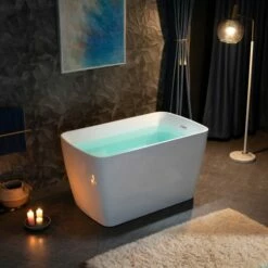 WOODBRIDGE 48" Acrylic Freestanding Square Contemporary Soaking Tub With Pre-molded Seat And Chrome Pop-Up Drain And Overflow Option, White, B0070 -Woodbridgebath Shop 20230706091239W5OMVZV1 thumb 600x600