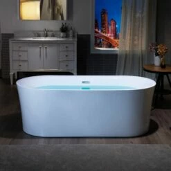 WOODBRIDGE 67" Acrylic Freestanding Bathtub Contemporary Soaking Tub With Chrome Overflow And Drain,White Tub,B0057-C