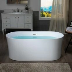 WOODBRIDGE 59" Acrylic Freestanding Bathtub Contemporary Soaking Tub With Chrome Overflow And Drain,White Tub,B0058-CH