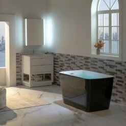 WOODBRIDGE 48" Acrylic Freestanding Square Contemporary Soaking Tub With Pre-molded Seat And Chrome Pop-UP Drain And Overflow Option, Black, B1870 -Woodbridgebath Shop 20230811085910TNYETHWM thumb 600x600