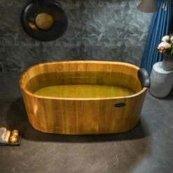 WOODBRIDGE 59" Freestanding Handcrafted Natural Wood Soaking Bathtub With Wood Lid, Wood Seat, Pillow And Chrome Pop Up Drain, WB1014