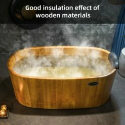 WOODBRIDGE 67" Freestanding Handcrafted Natural Wood Soaking Bathtub With Wood Lid, Wood Seat, Pillow And Chrome Pop Up Drain, WB1013 -Woodbridgebath Shop 20230911112609XJW3R3EX thumb 600x600