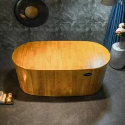WOODBRIDGE 67" Freestanding Handcrafted Natural Wood Soaking Bathtub With Wood Lid, Wood Seat, Pillow And Chrome Pop Up Drain, WB1013 -Woodbridgebath Shop 20230911112942RN0G6L81 thumb 600x600