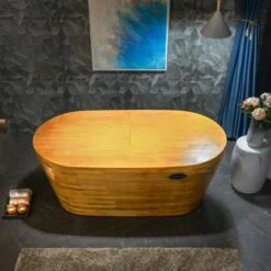 WOODBRIDGE 59" Freestanding Handcrafted Natural Wood Soaking Bathtub With Wood Lid, Wood Seat, Pillow And Chrome Pop Up Drain, WB1018 -Woodbridgebath Shop 202309111133235JNHSJLC thumb 600x600