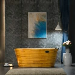 WOODBRIDGE 59" Freestanding Handcrafted Natural Wood Soaking Bathtub With Wood Lid, Wood Seat, Pillow And Chrome Pop Up Drain, WB1018