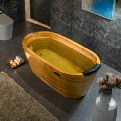 WOODBRIDGE 59" Freestanding Handcrafted Natural Wood Soaking Bathtub With Wood Lid, Wood Seat, Pillow And Chrome Pop Up Drain, WB1018 -Woodbridgebath Shop 202309111133244D297X4G thumb 600x600