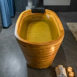 WOODBRIDGE 59" Freestanding Handcrafted Natural Wood Soaking Bathtub With Wood Lid, Wood Seat, Pillow And Chrome Pop Up Drain, WB1018 -Woodbridgebath Shop 2023091111332475120JXW thumb 600x600