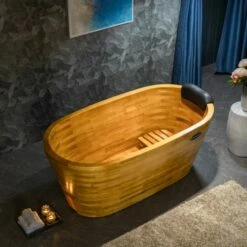 WOODBRIDGE 59" Freestanding Handcrafted Natural Wood Soaking Bathtub With Wood Lid, Wood Seat, Pillow And Chrome Pop Up Drain, WB1018 -Woodbridgebath Shop 202309111133248DPSHF91 thumb 600x600