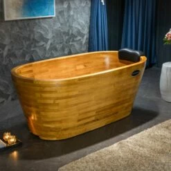 WOODBRIDGE 59" Freestanding Handcrafted Natural Wood Soaking Bathtub With Wood Lid, Wood Seat, Pillow And Chrome Pop Up Drain, WB1018 -Woodbridgebath Shop 20230911113324NJB1YGVU thumb 600x600