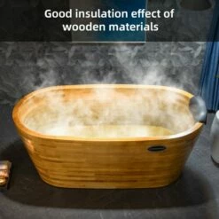 WOODBRIDGE 59" Freestanding Handcrafted Natural Wood Soaking Bathtub With Wood Lid, Wood Seat, Pillow And Chrome Pop Up Drain, WB1018 -Woodbridgebath Shop 20230911113324V3FWLMUP thumb 600x600