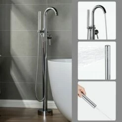 WOODBRIDGE F0002CHDR Contemporary Single Handle Floor Mount Freestanding Tub Filler Faucet With Hand Shower In Chrome Finish.