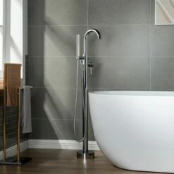 WOODBRIDGE F0002CHDR Contemporary Single Handle Floor Mount Freestanding Tub Filler Faucet With Hand Shower In Chrome Finish. -Woodbridgebath Shop 20230921165413Q78EK71D thumb 600x600