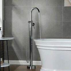 WOODBRIDGE F0002CHDR Contemporary Single Handle Floor Mount Freestanding Tub Filler Faucet With Hand Shower In Chrome Finish. -Woodbridgebath Shop 20230921165507PGVMROS5 thumb 600x600