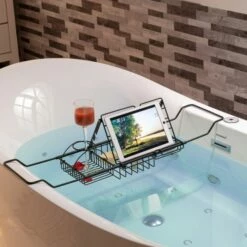 WOODBRIDGE Stainless Steel Extendable Bathtub Caddy Tray In Matte Black Finish With Removable Wine Holder, Book And Phone Rack, Bathcad-MB -Woodbridgebath Shop 20230927101839BTY3OLMF thumb 600x600